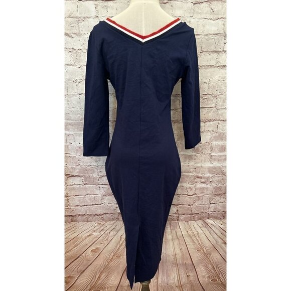 Charlotte Russe V- Neck Midi Dress Body-Con Navy Blue 3/4 Sleeve Size Medium - Picture 3 of 5